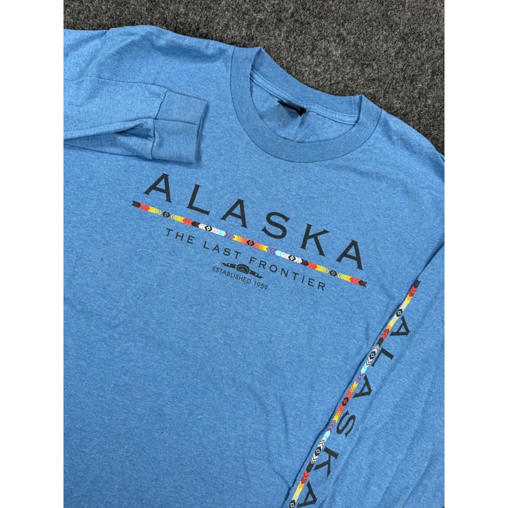 VTG Alaska The Last Frontier Long Sleeve T Shirt Blue Graphic Mens L